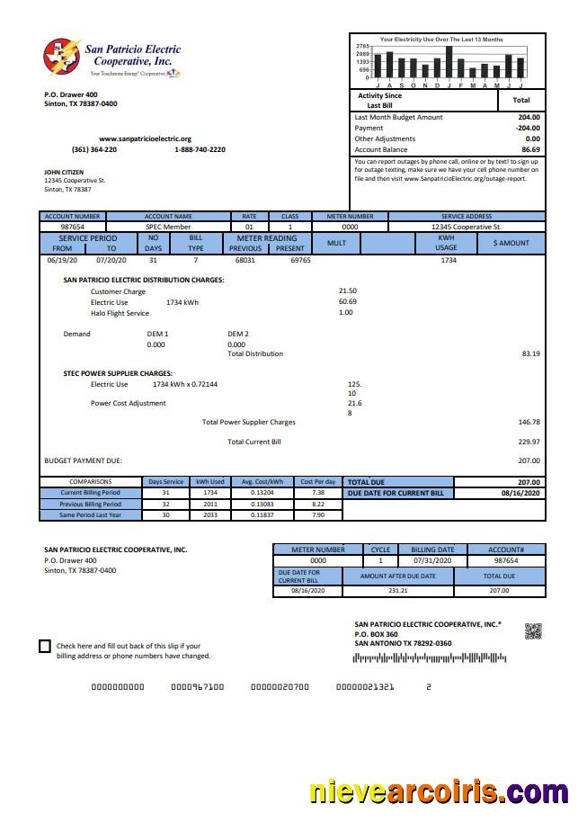 USA Texas San Patricio Electric Corporative utility bill